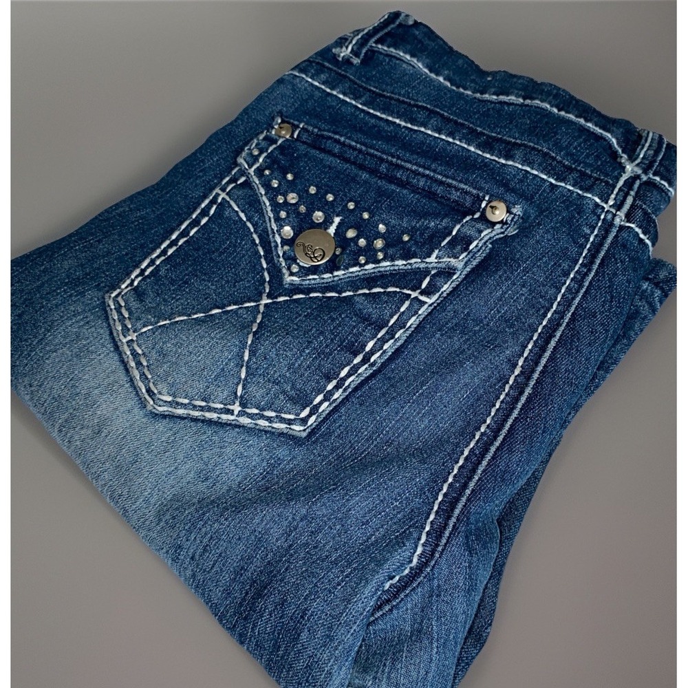 Do Denim Bootcut Jeans Womens Juniors 7 Blue Flap Pockets Embroidered Rhinestone